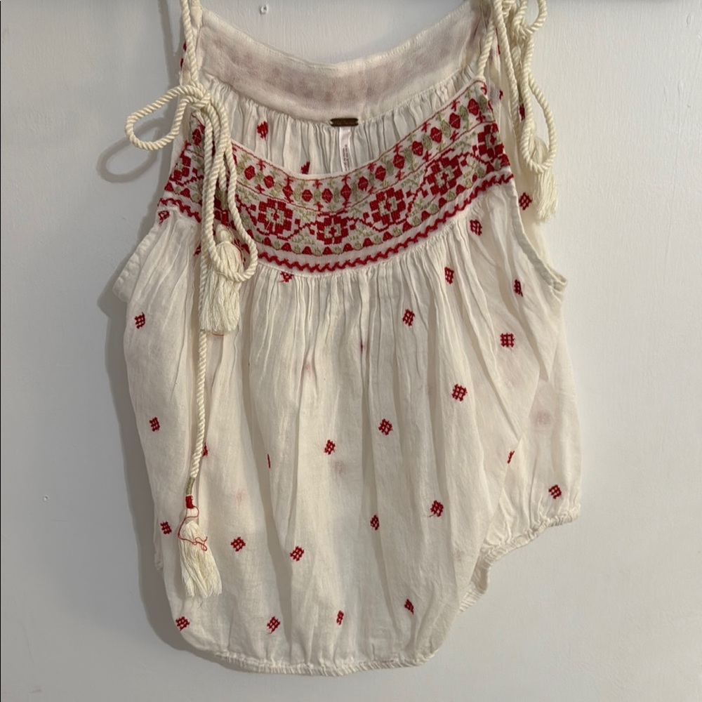Free People Cream and Red Smocked Tank Top